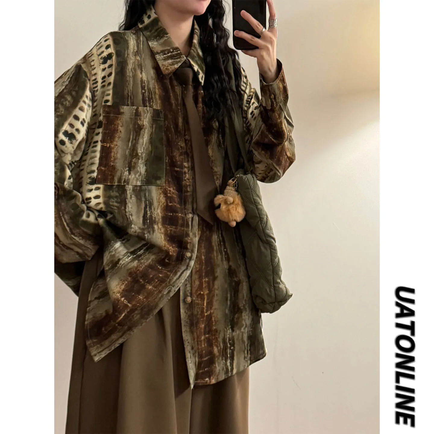 

UATONLINE2026 Весенняя женская рубашка в американском ретро-стиле с художественным принтом масляной живописи, модная, свободного кроя, с длинным рукавом