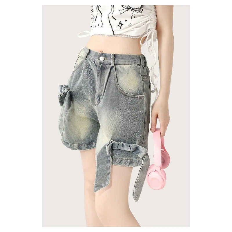 المتعثرة القوس الدنيم السراويل النسائية شارع العليا ألف خط واسعة الساق فضفاضة مستقيمة عارضة السراويل الساخنة #3