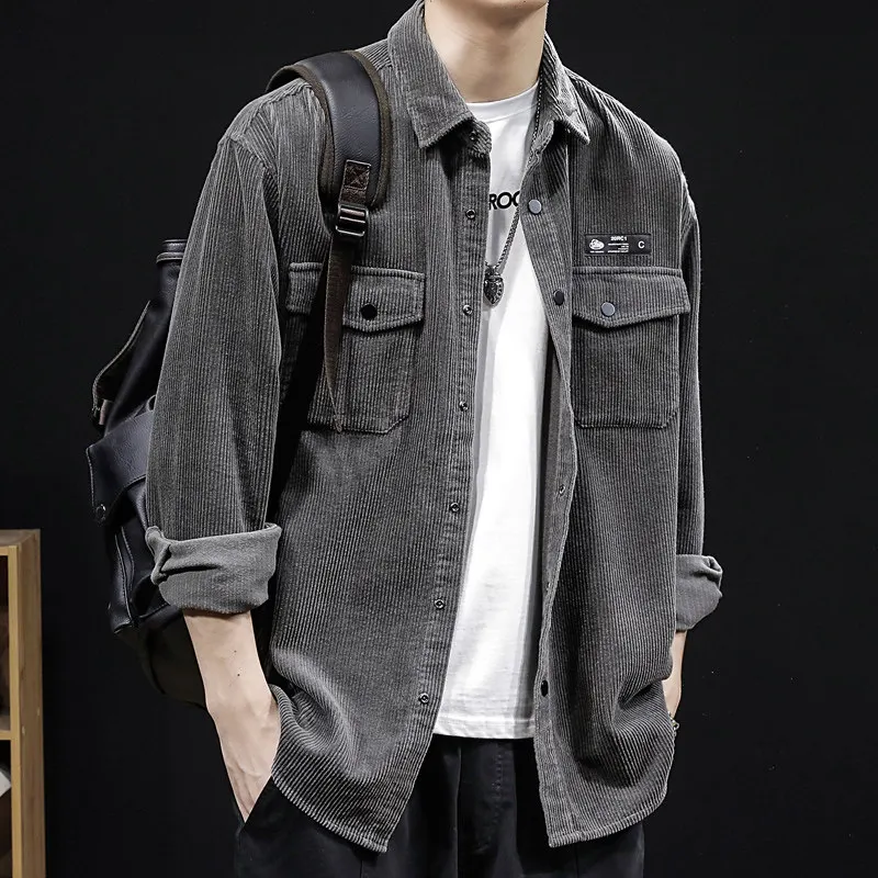 Men's Corduroy Long Sleeve Shirt Vintage American Style Workwear Jacket with Pocket for Spring Autumn Casual Loose Fit Polyes...