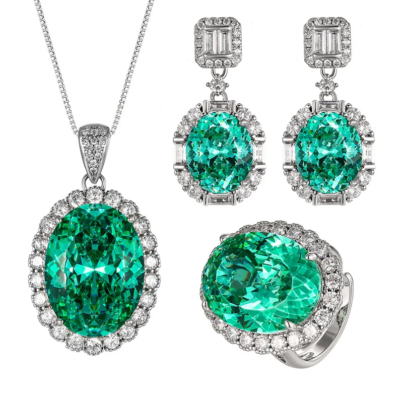 Luxury Emerald Green Oval Cut Cubic Zirconia Jewelry for Women Adjustable Ring Necklace Dangle Earrings Statement Wedding Party