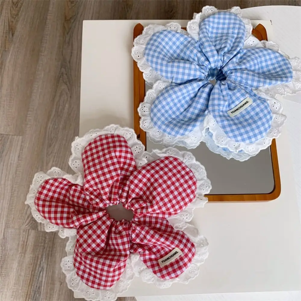 Sweet Korean Style Flower Scrunchies Large Cloth Plaid Lace Scrunchies Hair Tie Ponytail Holder Exaggerated Hair Ring Party