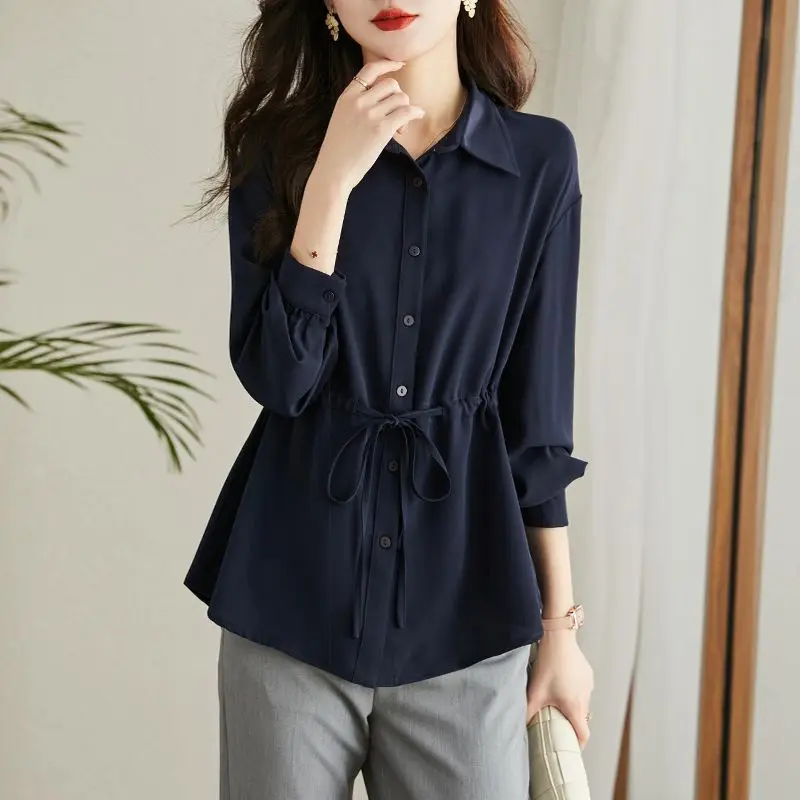 2026 Trendy Drawstring Chiffon Shirt Women Elegant Ageless Long Sleeve Beautiful Blouse Tops