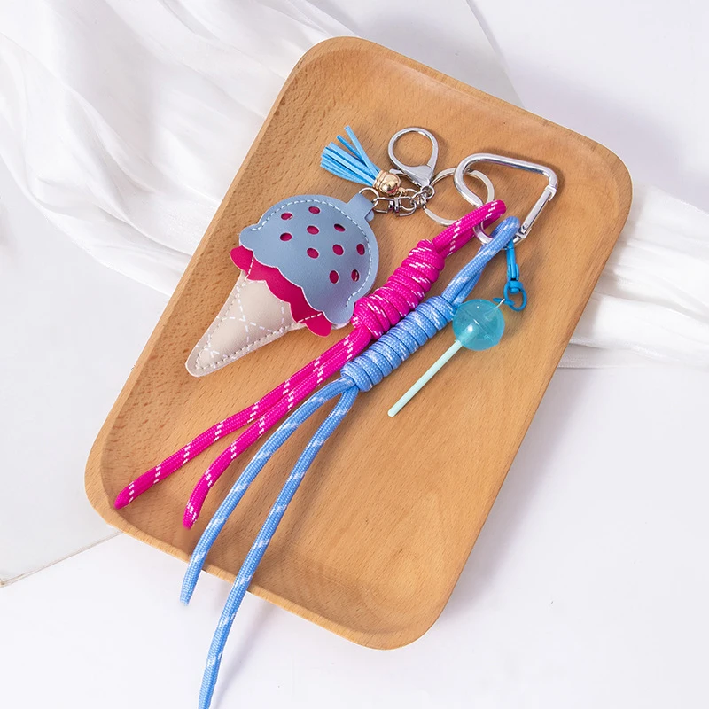 لطيف الجلود الآيس كريم دونات المفاتيح الإبداعية موضة الحلوى مخروط الحلوى المنسوجة حبل ظهره حبل معلق قلادة كيرينغ الهدايا