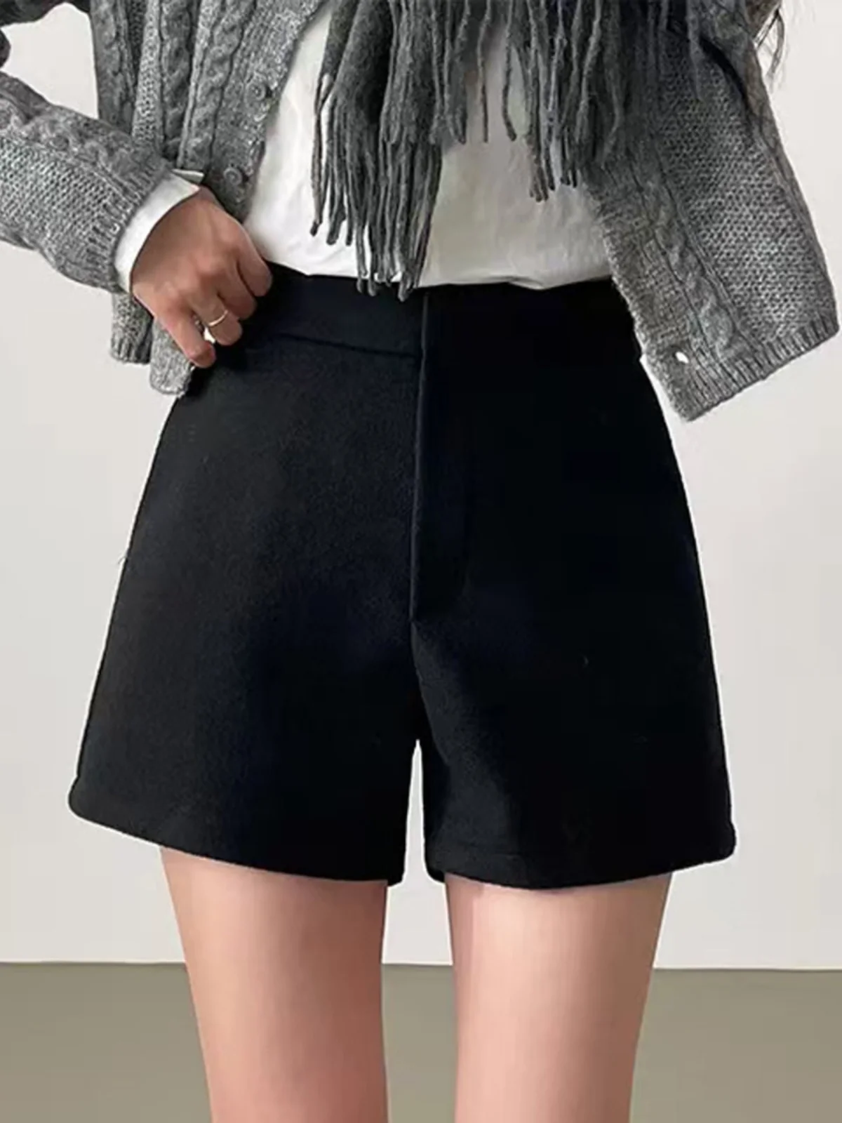 กางเกงลำลองฤดูหนาวสไตล์เกาหลีสำหรับผู้หญิง ผ้าขนสัตว์เทียม เอวสูง ทรงเข้ารูป ใส่สบาย