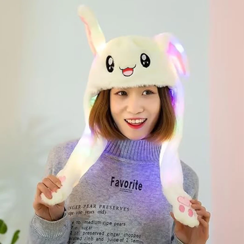 LED light up Soft plush Animal Hat Ear Moving Jumping Hats luminous Cute Bunny Hat Cap for Women Girls Cosplay Party