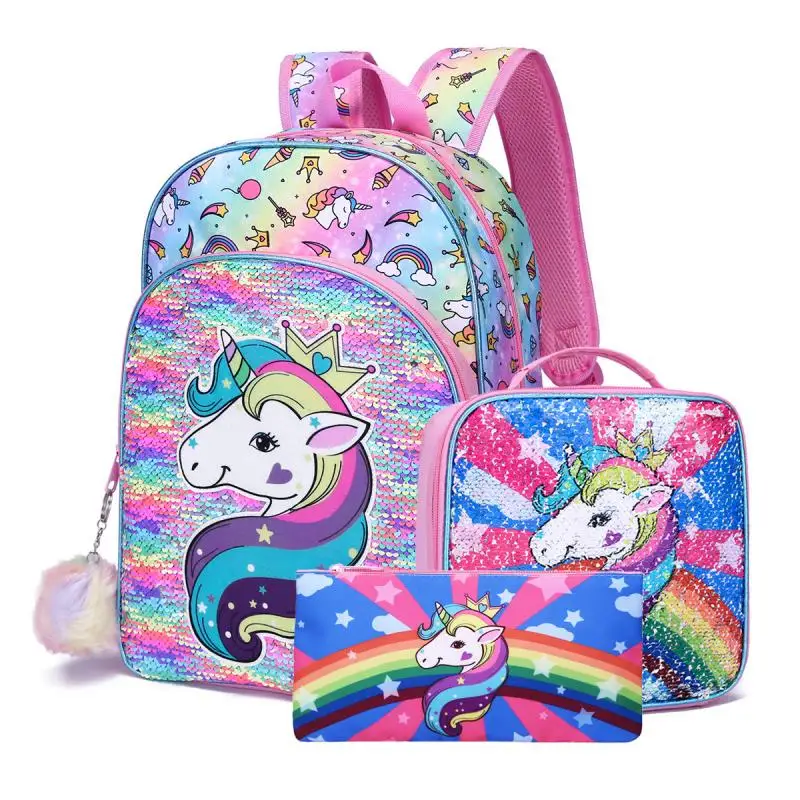 3 pcs/set Bonito Dos Desenhos Animados Unicórnio Sacos De Escola Para Meninas Estudante Mochila Crianças Sacos De Escola Com Lunch Bag Lápis Caso