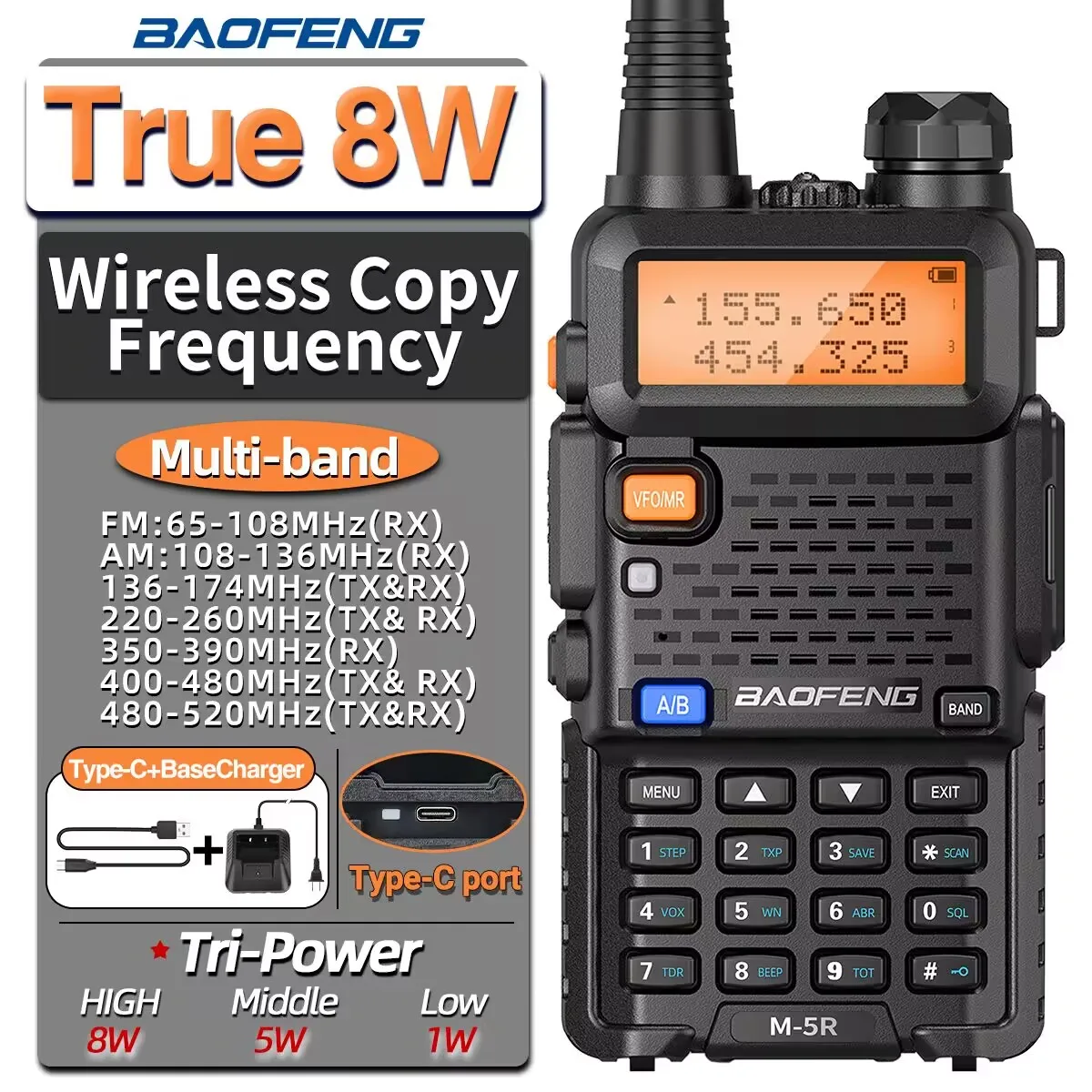 Baofeng M-5R Walkie Talkie High Power Long Range Type-C Wireless Copy Frequency Two Way Radio Communication Ham Radio For Hiking