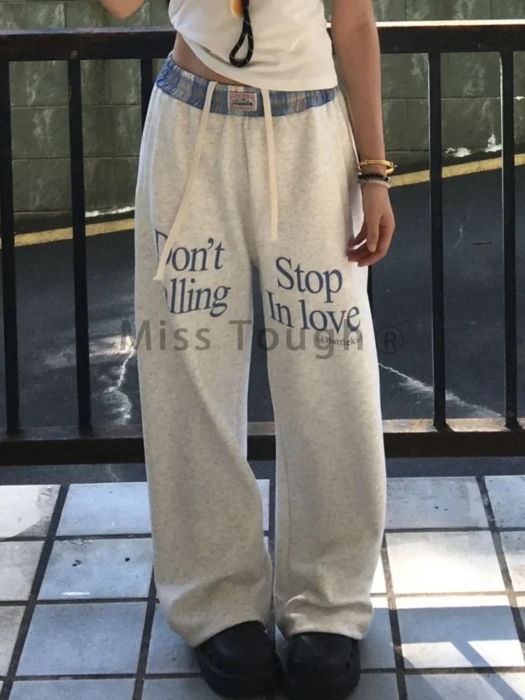 Harajuku Vintage Sweatpants Baggy Women Korea Preppy Style Retro Trousers Streetwear Y2k Letter Printed Wide Leg Patchwork Pants