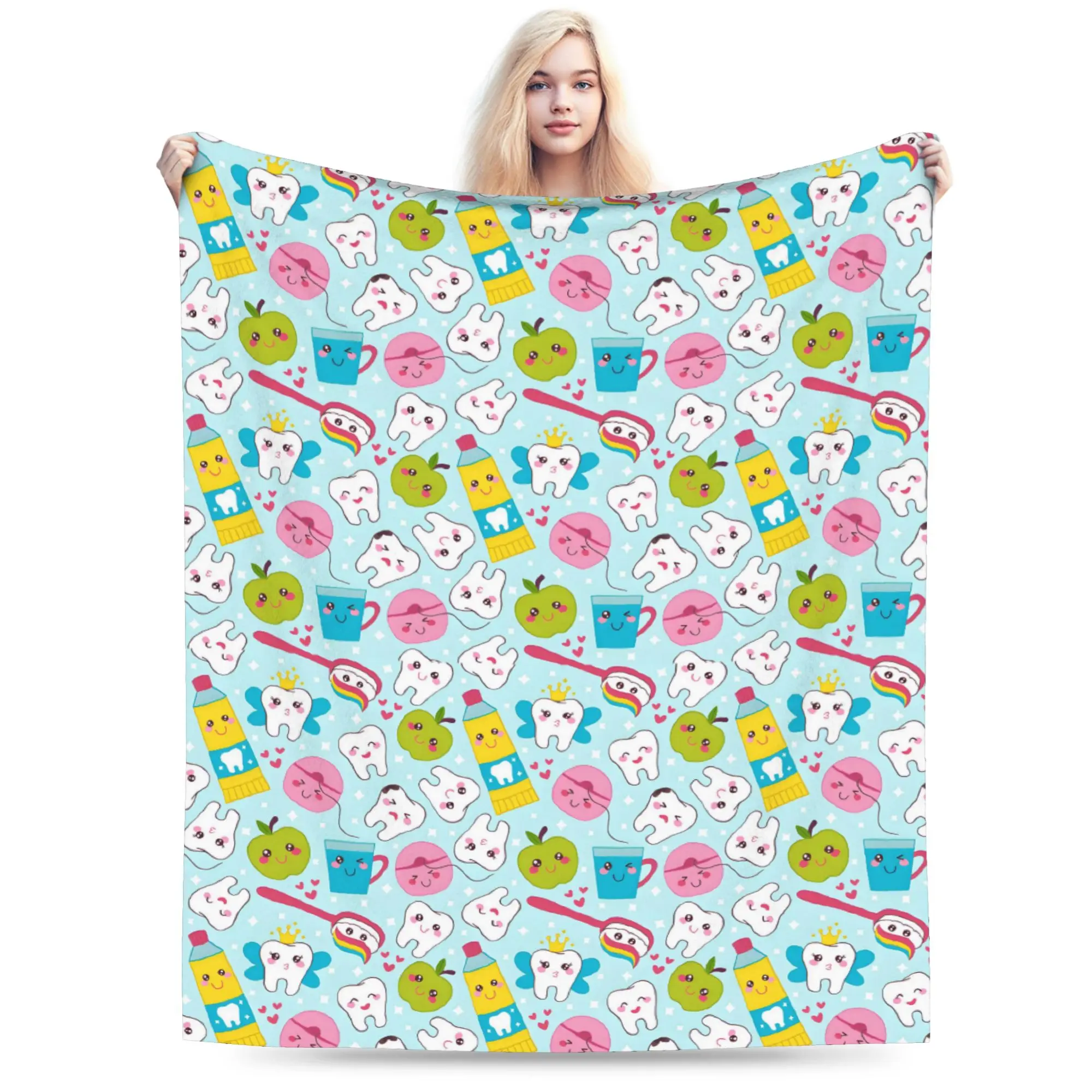 Custom Healthy Teeth Pattern Tooth Blanket Warm Fleece Soft Flannel Care Dental Health Throw Blankets for Bedroom Couch Car