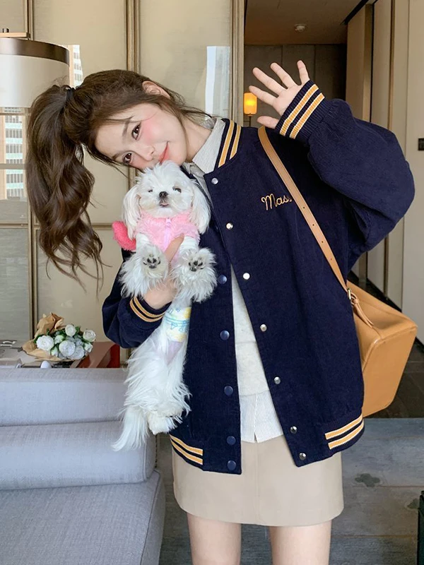 

plus Size 300 Pou Fat MM k Blue Baseball Jaet Top Women's Casual Autumn Winter Loose Fit Long Sve Outerwear