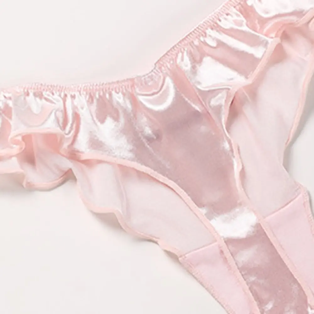 Kawaii Letter Satin Silk Ruffle Thong Seamless Underpants Ice Silk Panties Embroidery Traceless Briefs for Women Lady