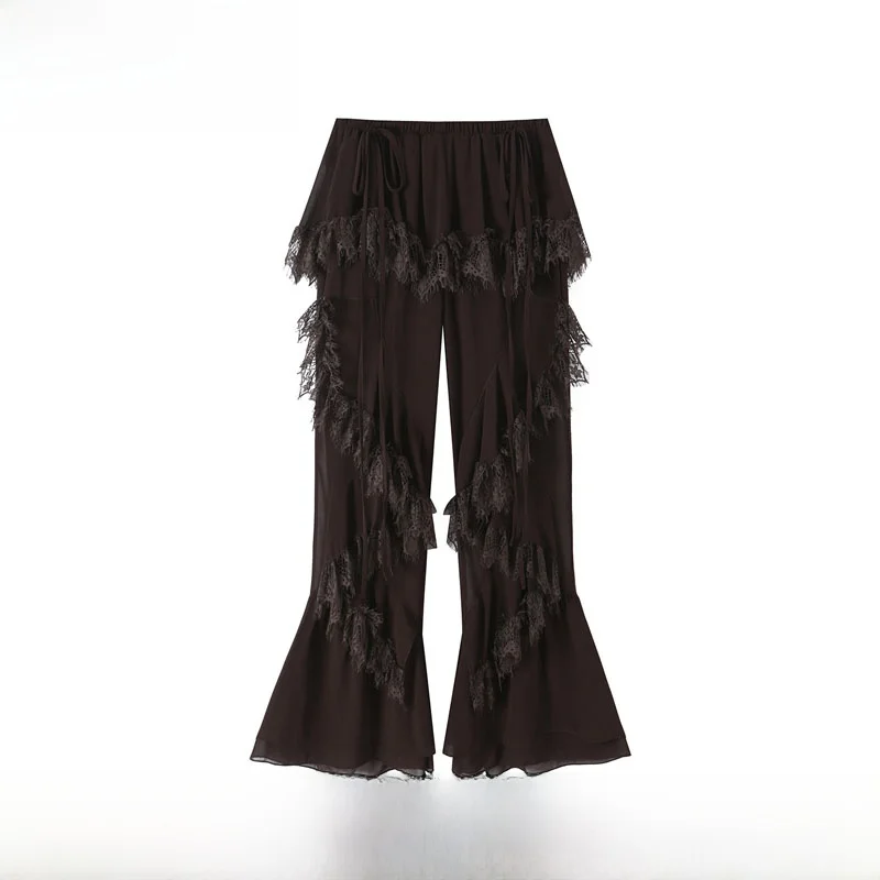 Women's Fashion Versatile Lace-Trimmed Trousers Slim Casual Leisure Floral  Long Pants ZR Style Mid-Low Waist Polyester Fiber