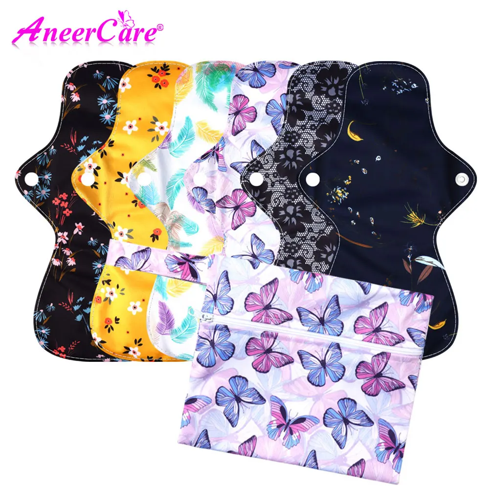 6Pcs Random Color Reusable Cloth Menstrual Pads with Storage Bag, 2 Sizes Washable Organic Cotton Sanitary Napkins.