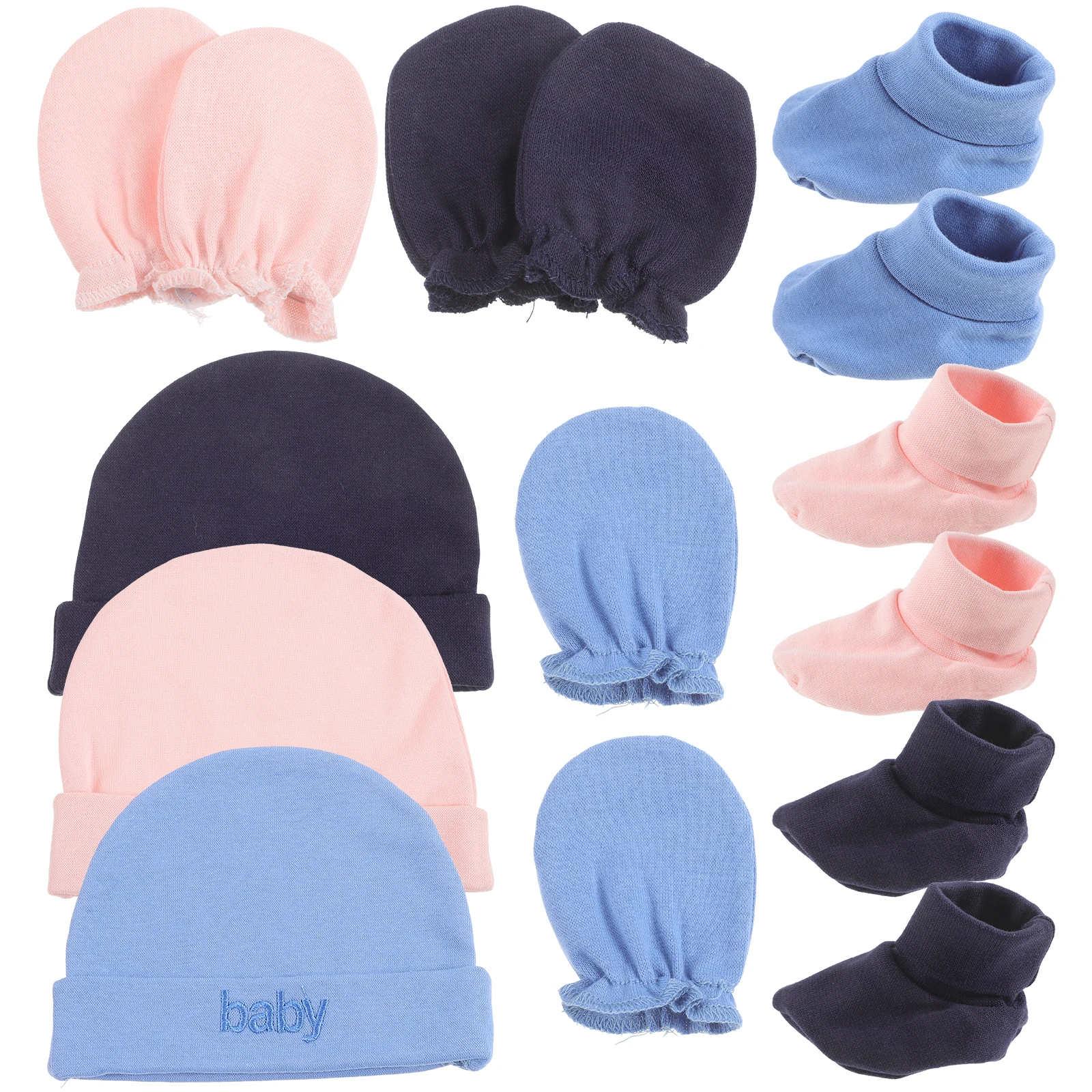

3 Sets Baby Hat Mittens Socks Newborn Girl Boy Knitted Gloves Foot Covers Pink Denim Blue Soft Decorative Comfortable Stylish