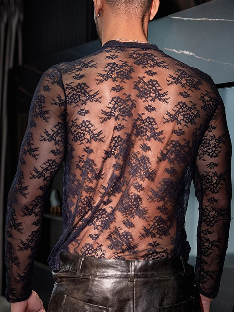 Sexy See Through Mesh Jumpsuits Tees Mens Spring Party Fashion Patchwork Mesh T-shirts Men Stylish Slim Fit Long Sleeve Pullover