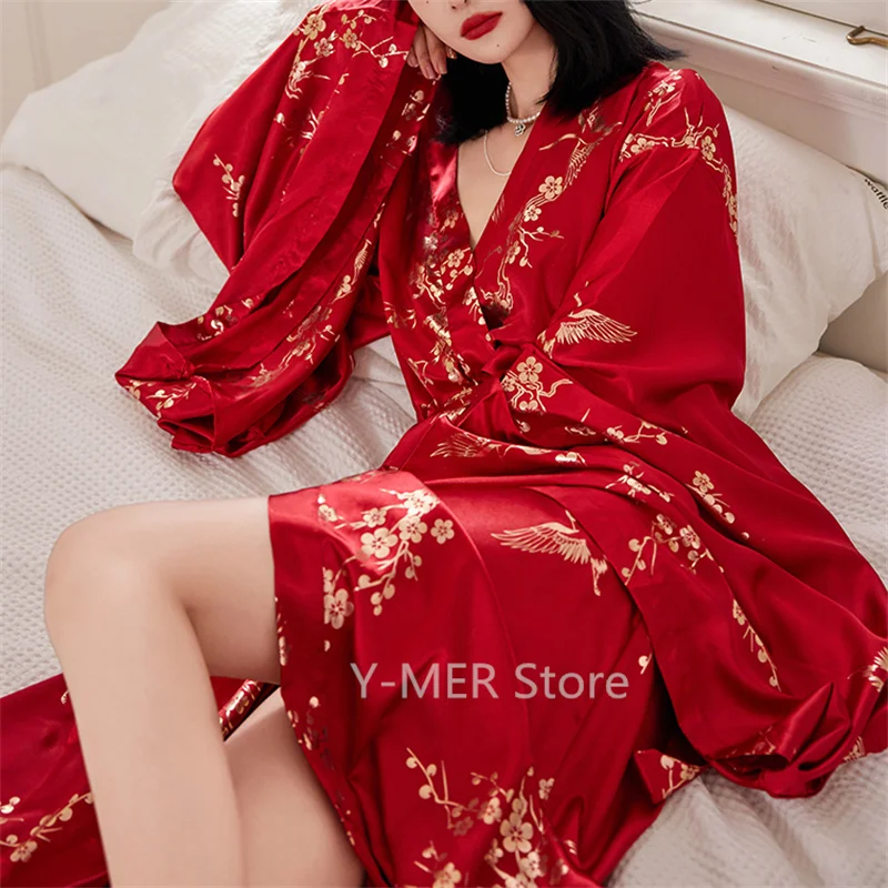 Big Sleeve Kimono Robe Lady Luxury Bronzing Flower Morning Dressing Gown Bride Wedding Dress Satin Bathrobe Long Nightwear