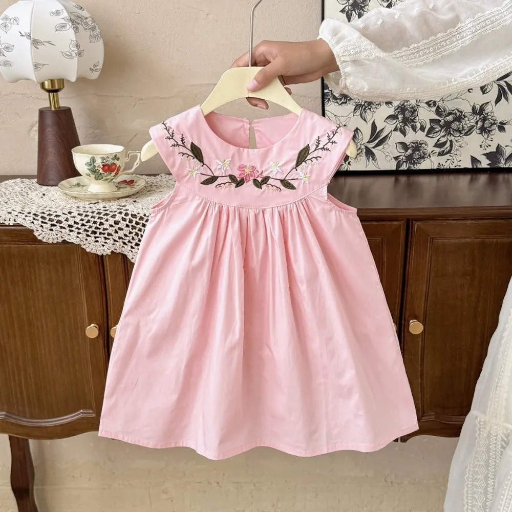 Korean Version Fashion Flower Embroidered Dress Summer New Solid Color Girls Clothes 2-7Y Kids Princess Wear