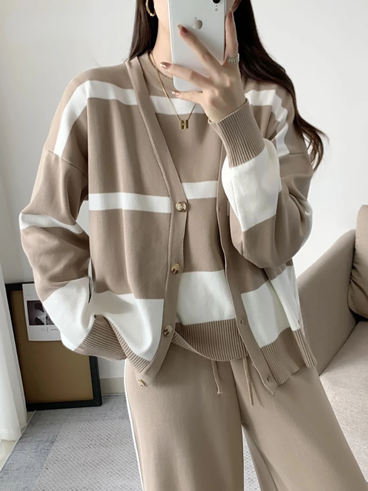 

Autumn Winter Streetwear Three Piece Set Women Korean O-neck Sleeveless Vest+cardigan Coats+wide Leg Pants Knitted Sets N720