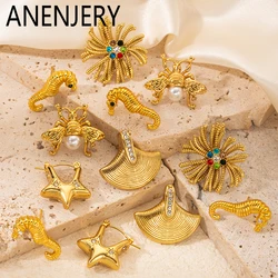 ANENJERY 316L Stainless Steel Hippocampus Star Imitation Pearls Round Earrings For Women Niche Vintage Jewelry Gifts Wholesale