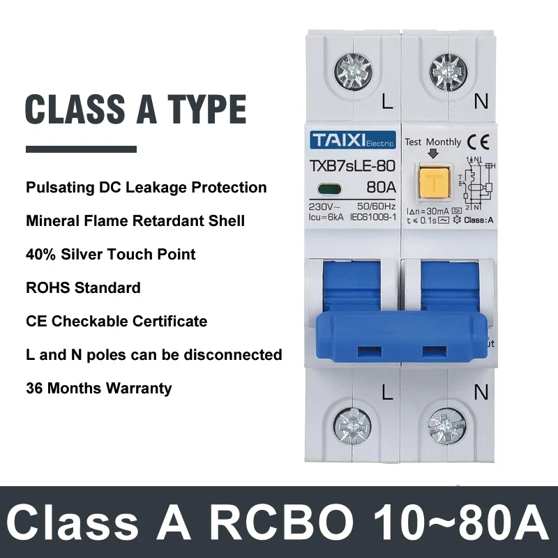 RCBO 6KA Type A 10A 16A 32A 40A 63A 30mA 2P Residual Current Circuit Breaker With Over Current and Leakage Protection