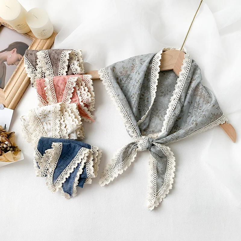 Girls French Lace Triangle Scarf Flower Beige Decorative Ribbon Soft Cotton Linen Floral Head Scarves Solid Color Neckerchief