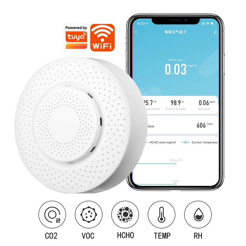 Gas Detector Automation Eleopard Tuya Wifi Smart Air Box Quality Monitor CO2 Sensor Temperature Humidity Meter VOC HCHO