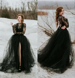 Cathy Gothic Bride Design Black Wedding Dresses Lace Long Sleeve O Neck Open Backless A Line Vintage Bridal Gowns Vestido De Noi