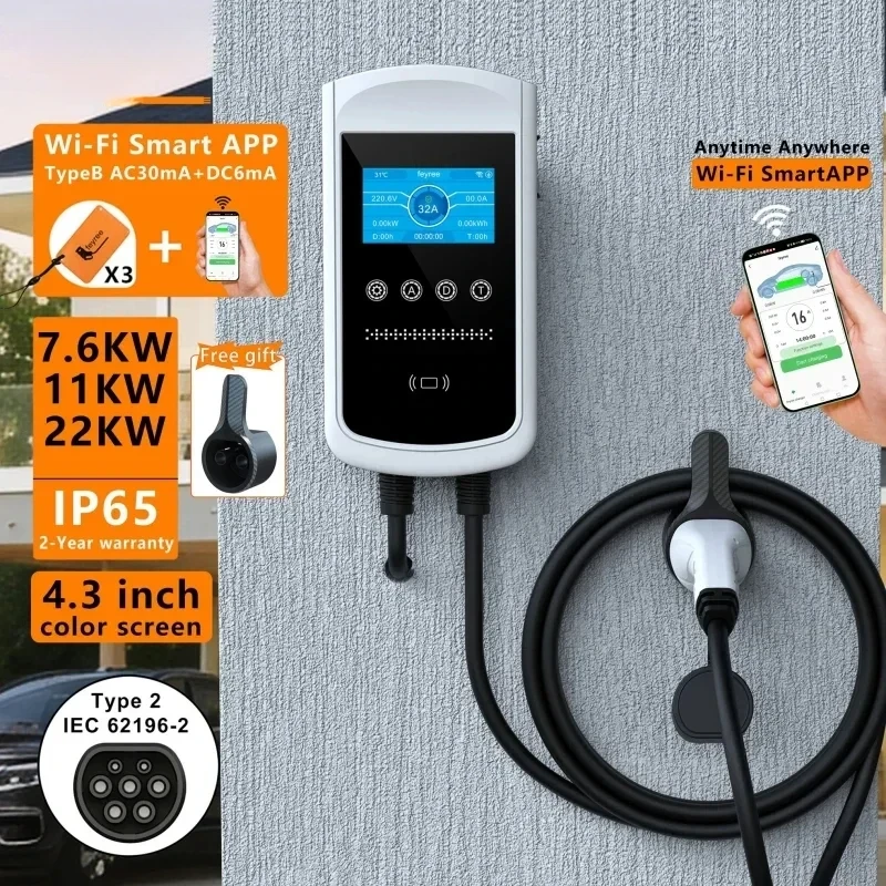 Type2 EV charger 32A 7.6kw charging station car charger 11kW 22kW 3phase EVSE wallbox 4.3inch screen smart app control