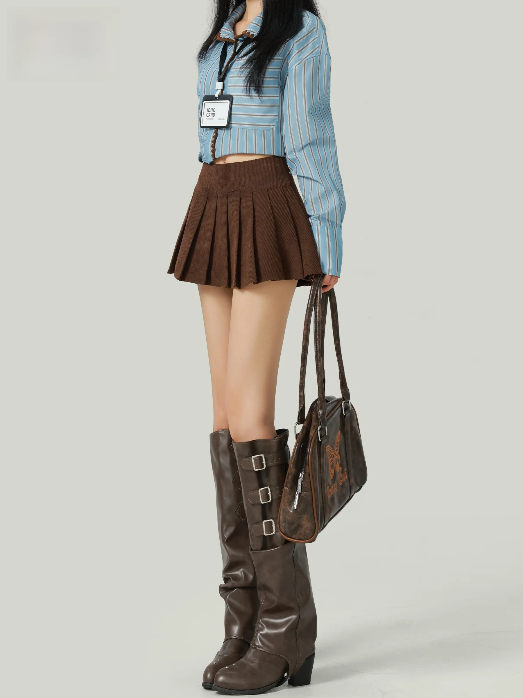 Khaki High Waist Corduroy Pleated  Skirt Women's Fashion Autumn 2026 New Style Anti-Light A-Line Slimming Short Skirt