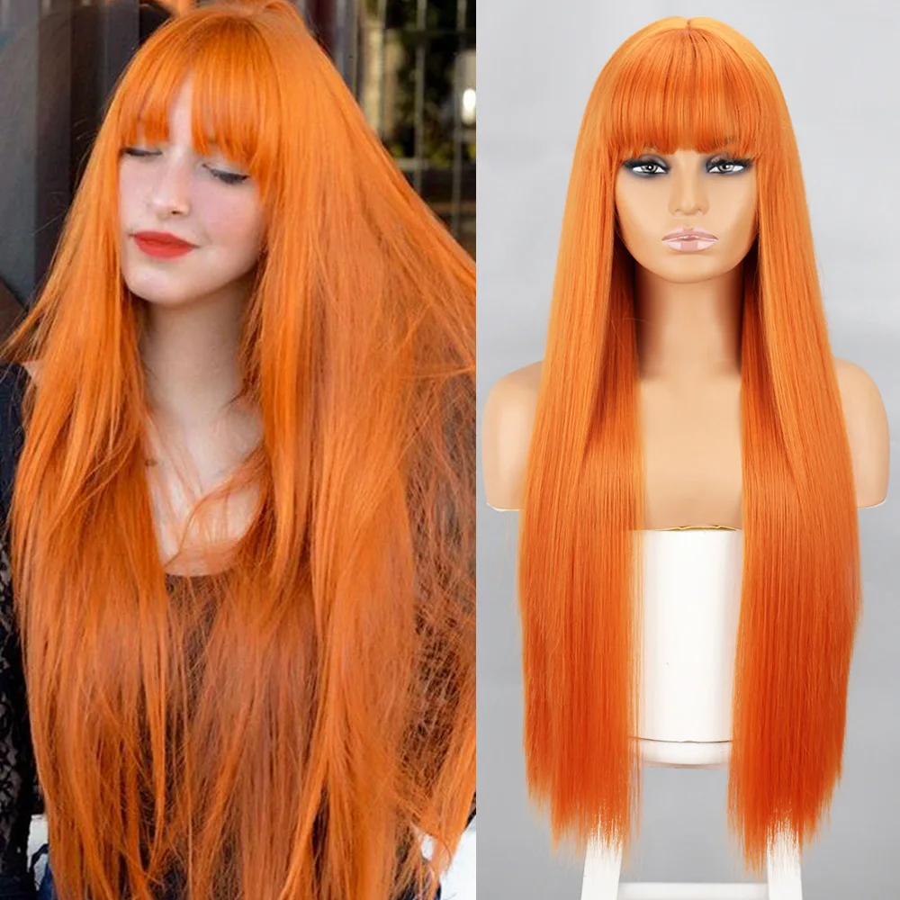 

Long straight hair orange synthetic wig for high-temperature use for Halloween party cosplay wig for daily wear wig cap