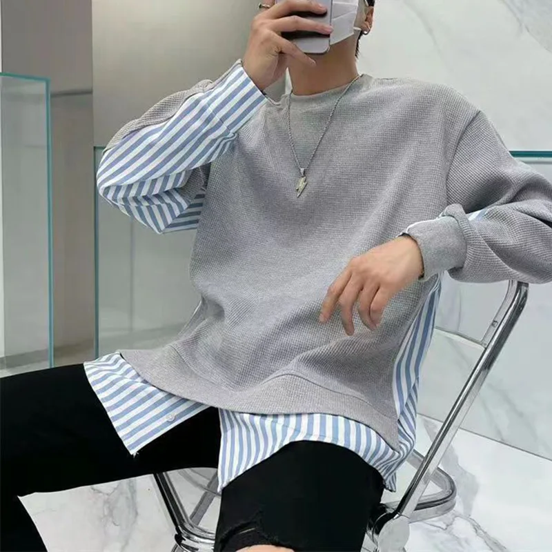 Fashion Loose Spliced Casual Striped T-Shirt Men\'s Clothing 2023 Autumn New All-match Pullovers Fake Two Pieces Tee Shirt