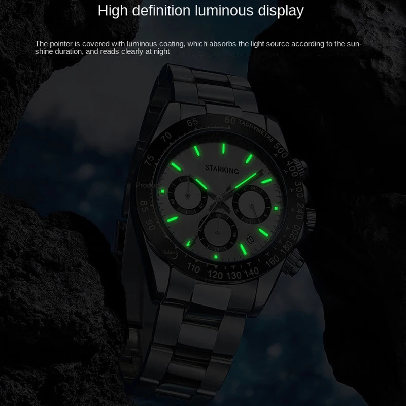 STARKING 2023 New Multifunctional Quartz Watch Fashionable Three Eyes Panda Dial Stainless Steel Men Watch 30M Waterproof Reloj