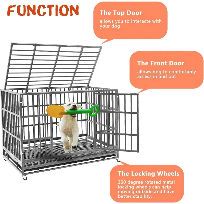 LEMBERI 48/38 inch Heavy Duty Indestructible Dog Crate, Escape Proof Dog Cage Kennel with Lockable Wheels