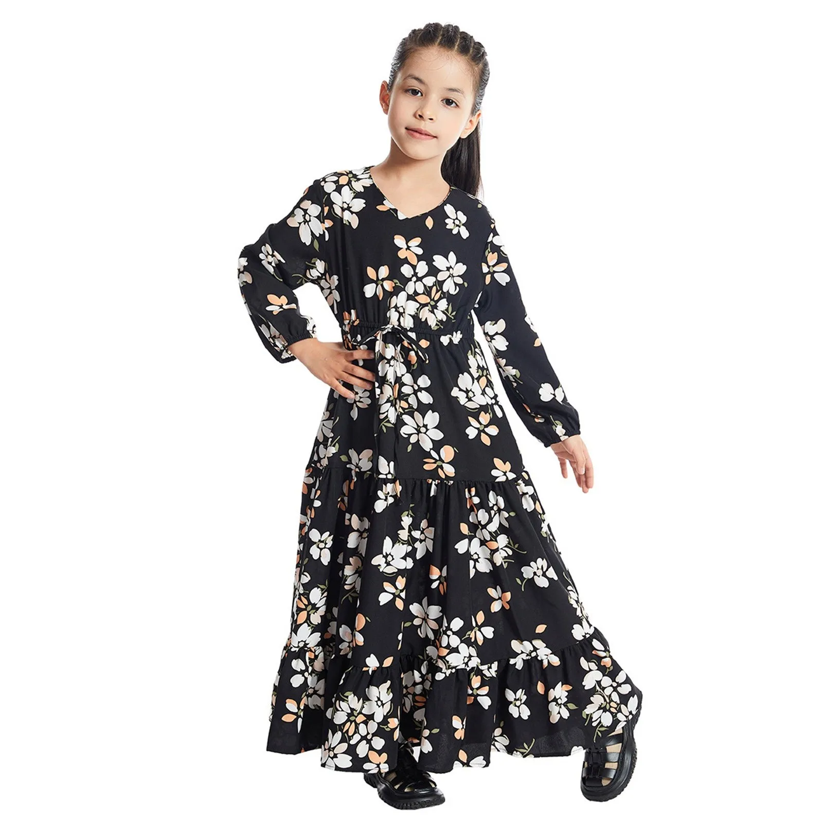 Girls Casual Dresses Kaftan Islamic Children Flowers Bandage Waist Ramadan Morocco Full Sleeve Dubai Arab V Neck Long Dress Robe