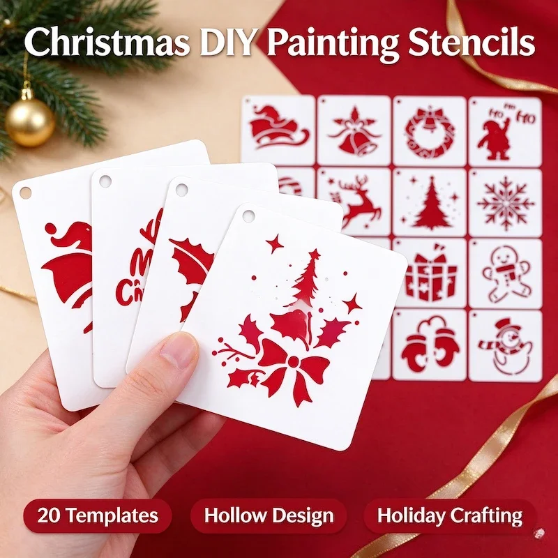 Xmas Holiday Stencils, 20Pcs Reusable Washable Hollow Templates, Snowman Tree Gingerbread Pattern for DIY Craft and Gift Decor