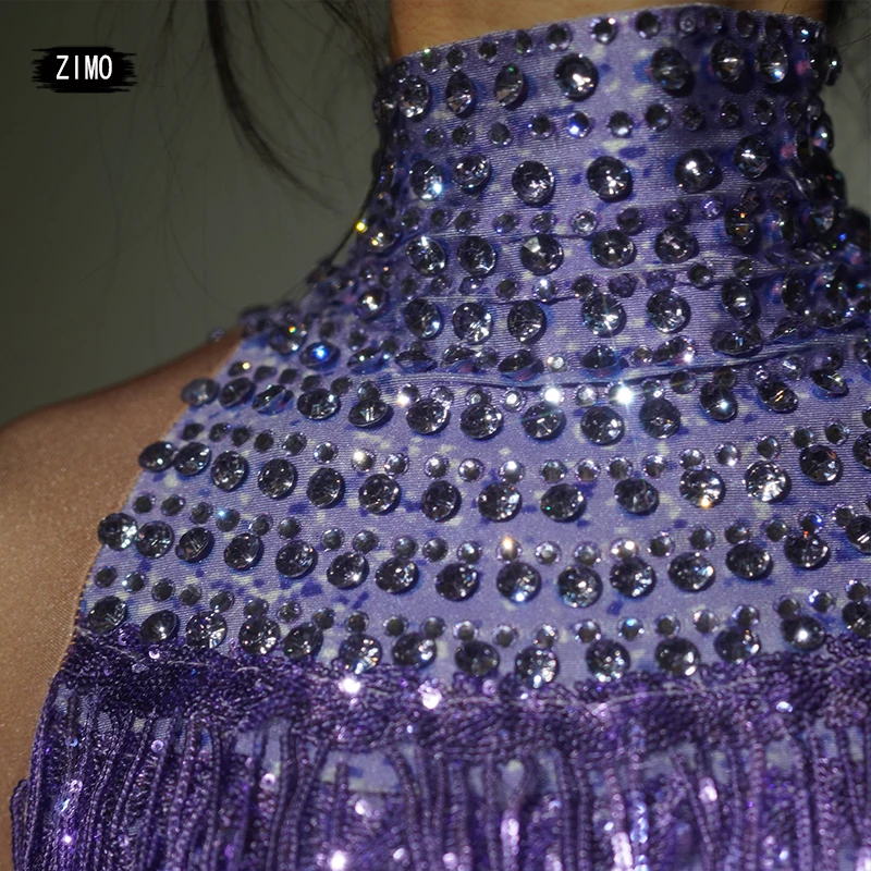Body de lentejuelas moradas con flecos y diamantes de imitación para adultos, leotardo Sexy para escenario, espectáculo de cantante, trajes de equipo de baile, disfraz de Drag Queen