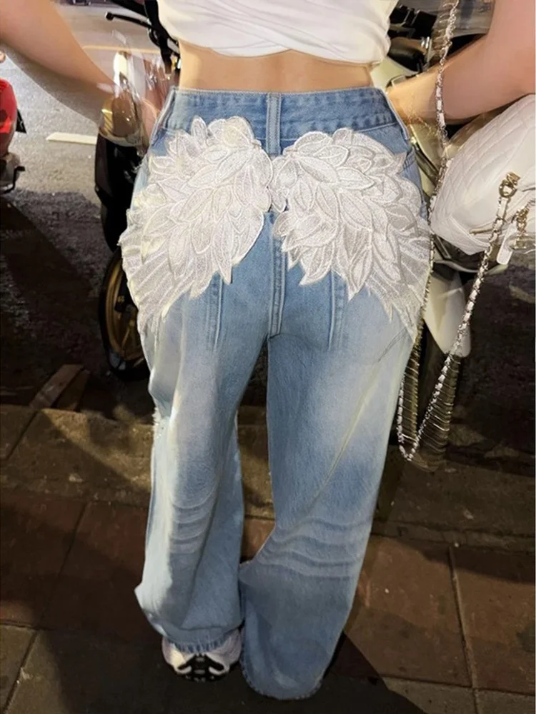 Retro American Embroidered Waist Adjustable Denim Jeans Women's Fall New Style Spicy Girl Rhinestone Hole Dragging Pants