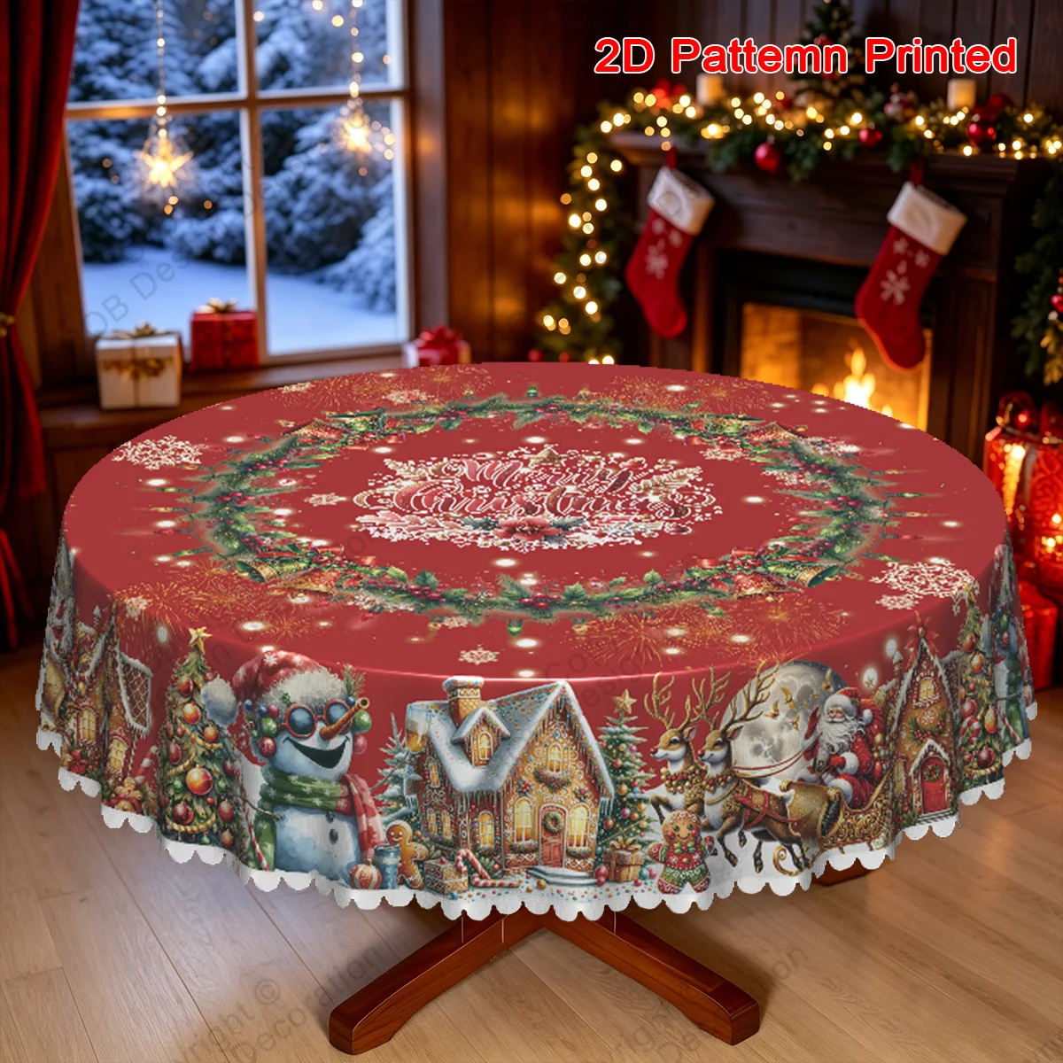 1 piece, Merry Christmas themed tablecloth, gingerbread house, gingerbread man, Santa snowman pattern tablecloth, embossed edges