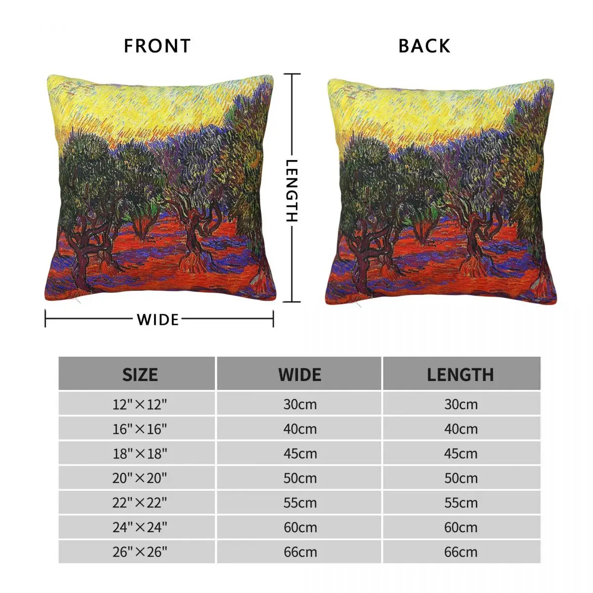 Van Gogh Olive Grove Orange Sky Square Pillowcase Polyester Linen Velvet Pattern Zip Decorative Car Cushion Cover