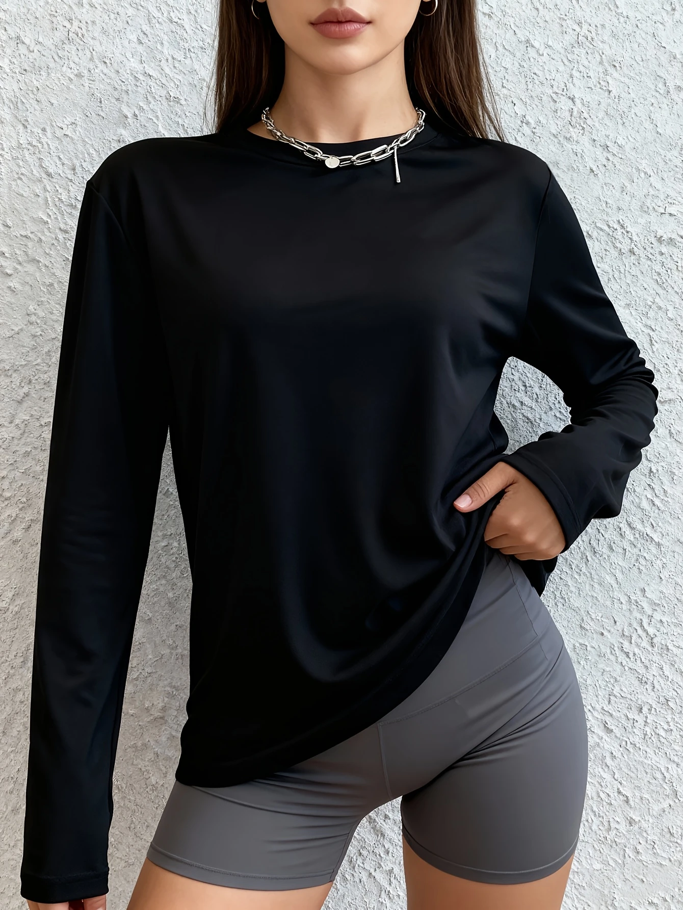 Women'S Loose Long-Sleeved T-Shirt Casual Versatile Basic High-Elastic Skin-Friendly Solid Color Round Neck Base Shirt