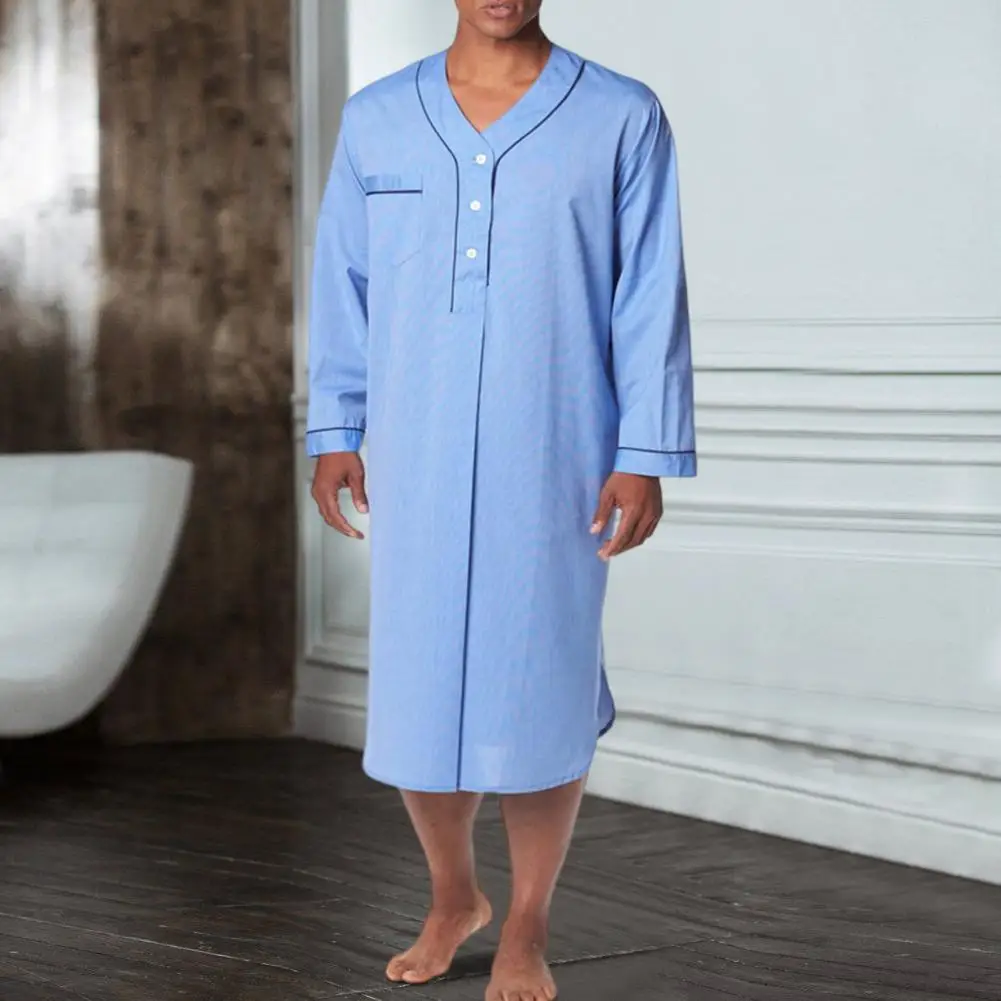 Long Nightrobe Men\'s Knee Length V-neck Bathrobe with Soft Breathable Fabric Convenient Pockets for Comfortable Nightwear