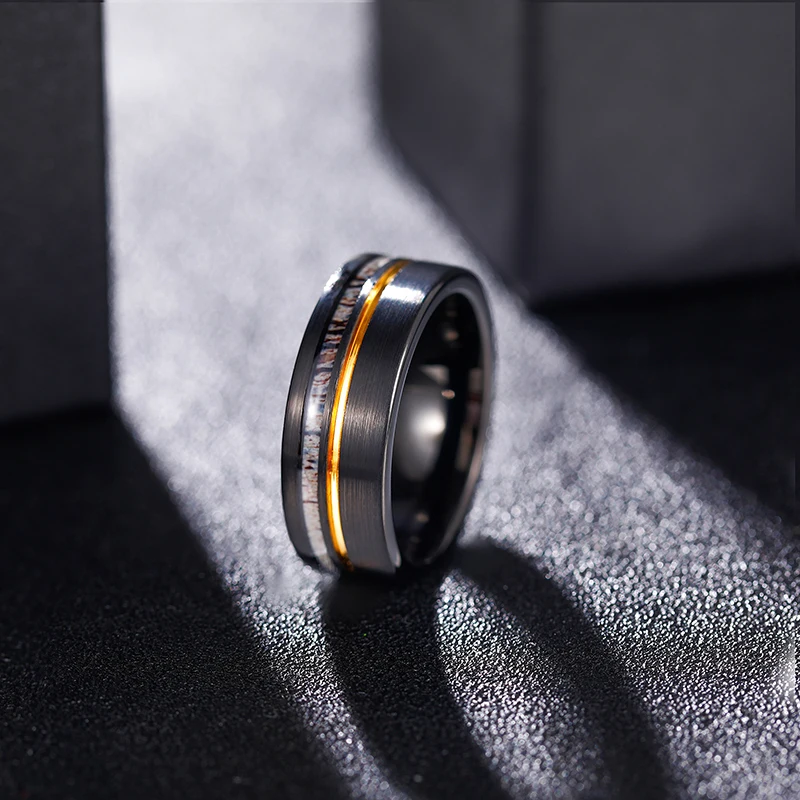 Tigrade 8mm Tungsten Carbide Ring Deel Antler Inlay with Gold Line Wedding Rings For Men Matte Brushed Engagement Band Jewelry