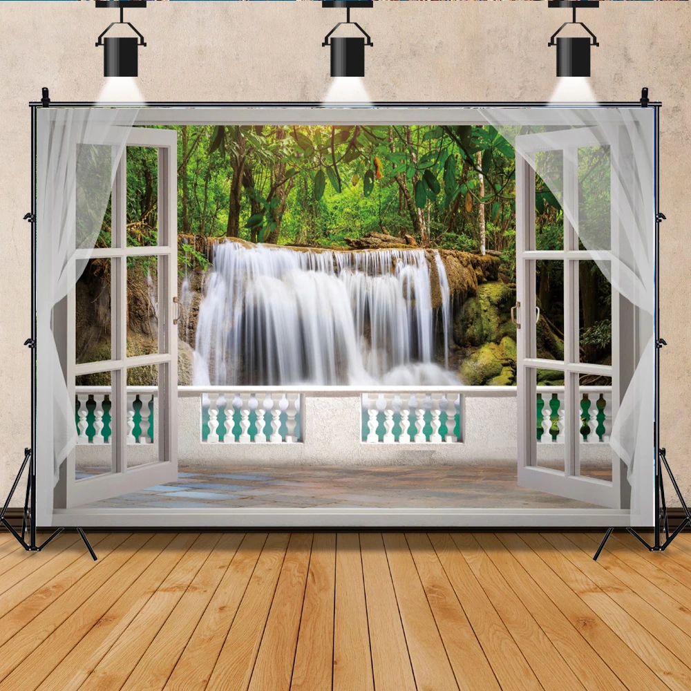 

Laeacco Photography Background Window Landscape Wall Forest Waterfall Home Decoration Photo Backdrop Photo Background Photocall