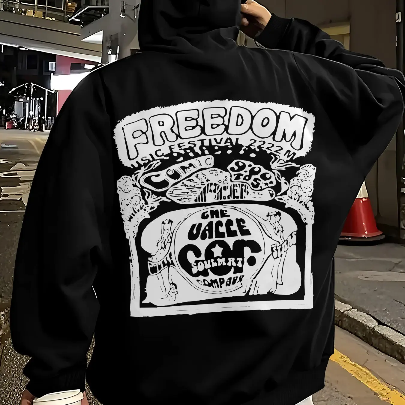 Hooded sweatshirt for men, versatile and trendy, featuring a fashionable and trendy music festival print. For men's casual wear.