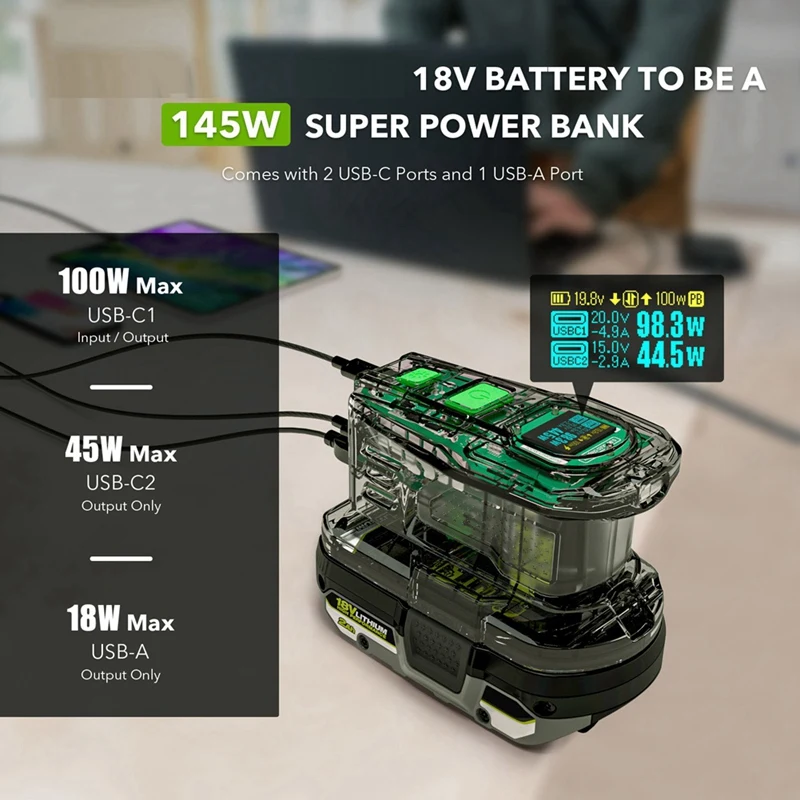 Fast Charger For RYOBI 18V ONE+ Battery Recharger Lithium Battery 100W Fast Charge USB Port Two-Way Charger PSC