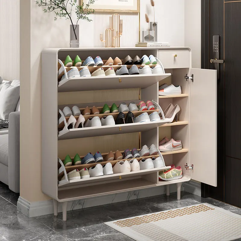 Ultra-thin Tipper Shoe Cabinet Cream Style Entrance Cabinet Saves Space Shoe Rack Storage Hallway Zapateros Home Furniture KMSC