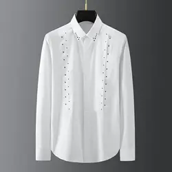 Czech Rhinestone Decorated Shirt for Men Long Sleeved Formal Shirt Cotton Banquet Party Stage Performance Shirt Men Clothing