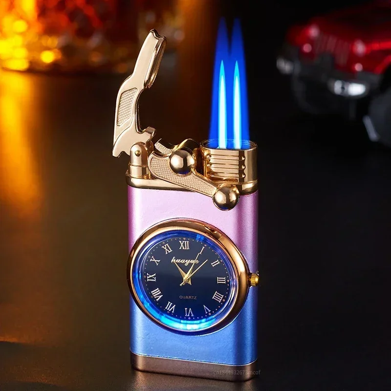 New Windproof Gas Lighter Rocker Watch Cigar Lighter Outdoors Jet Double Fire Tube Lighter Gadgets for Men Cigarette Accessories