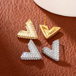 ZAKOL Fashion V Shape Letter Geometric Stud Earrings Gold Silver Color Copper Full Inlaid Zircon Jewelry Holiday Gifts For Women