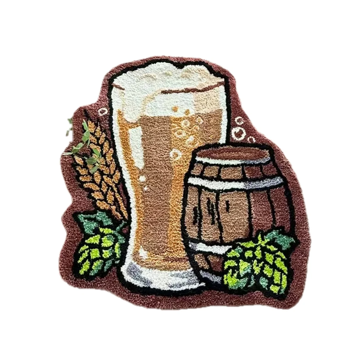 LAKEA Beer Barrel Tufted Rug, Beer Cup & Hops Wheat Pattern, Irregular Fluffy Anti Slip Mat, Bar Man Cave Bedroom Floor Decor